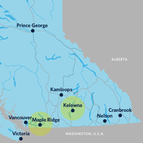 Map showing distance between Maple Ridge and Kelowna