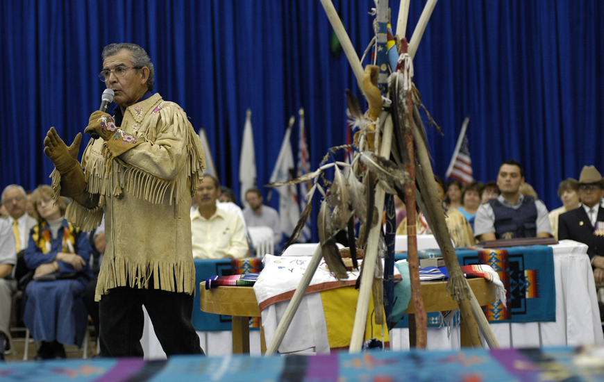 Elder Victor Antoine from Okanagan Indian Band speaking at the welcoming ceremony in September 2005.