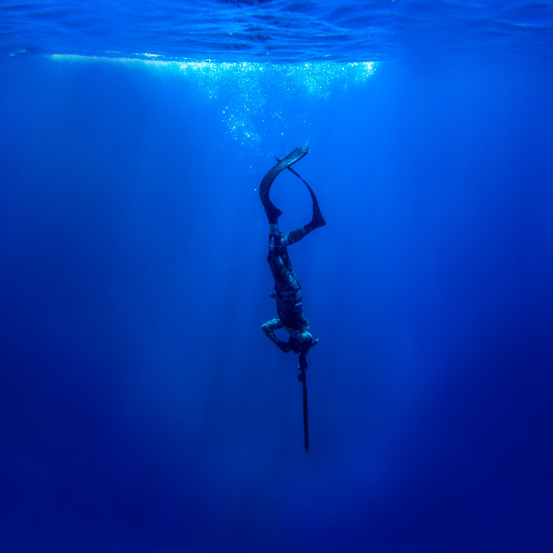 An underwater photo of a diver diving down into the depths of the ocean holding a spear-like object straight down. Bubbles and light rays of blue are seen at the top of the photo, signifying the surface.