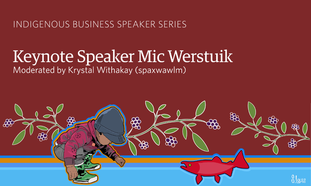 Design for the Indigenous Speaker Series by Sheldon Louis. Suʔkncut’s Offering was originally created as part of Peachland “Making Waves” mural project.