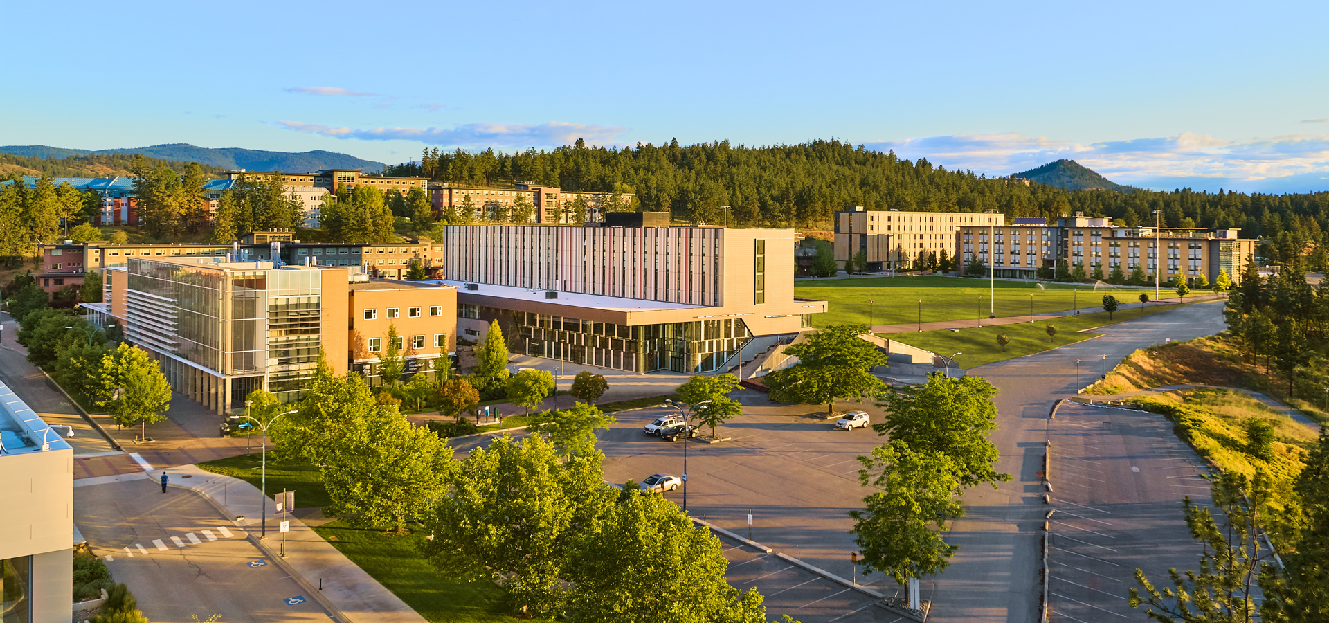 An aerial view of the UNC, Purcell, Nechako and Skeena buildings.