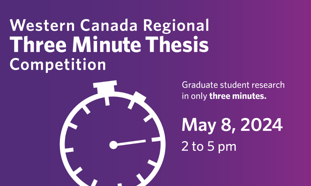 Graphic of a stopwatch with text saying "Western Canada Regional Three Minute Thesis Competition, May 8, 2024 2 to 5 pm"